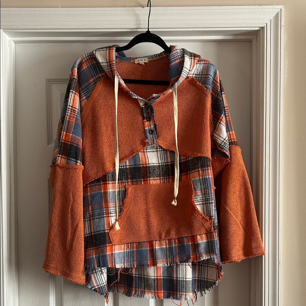 POL Orange and Navy Plaid Hooded Pullover